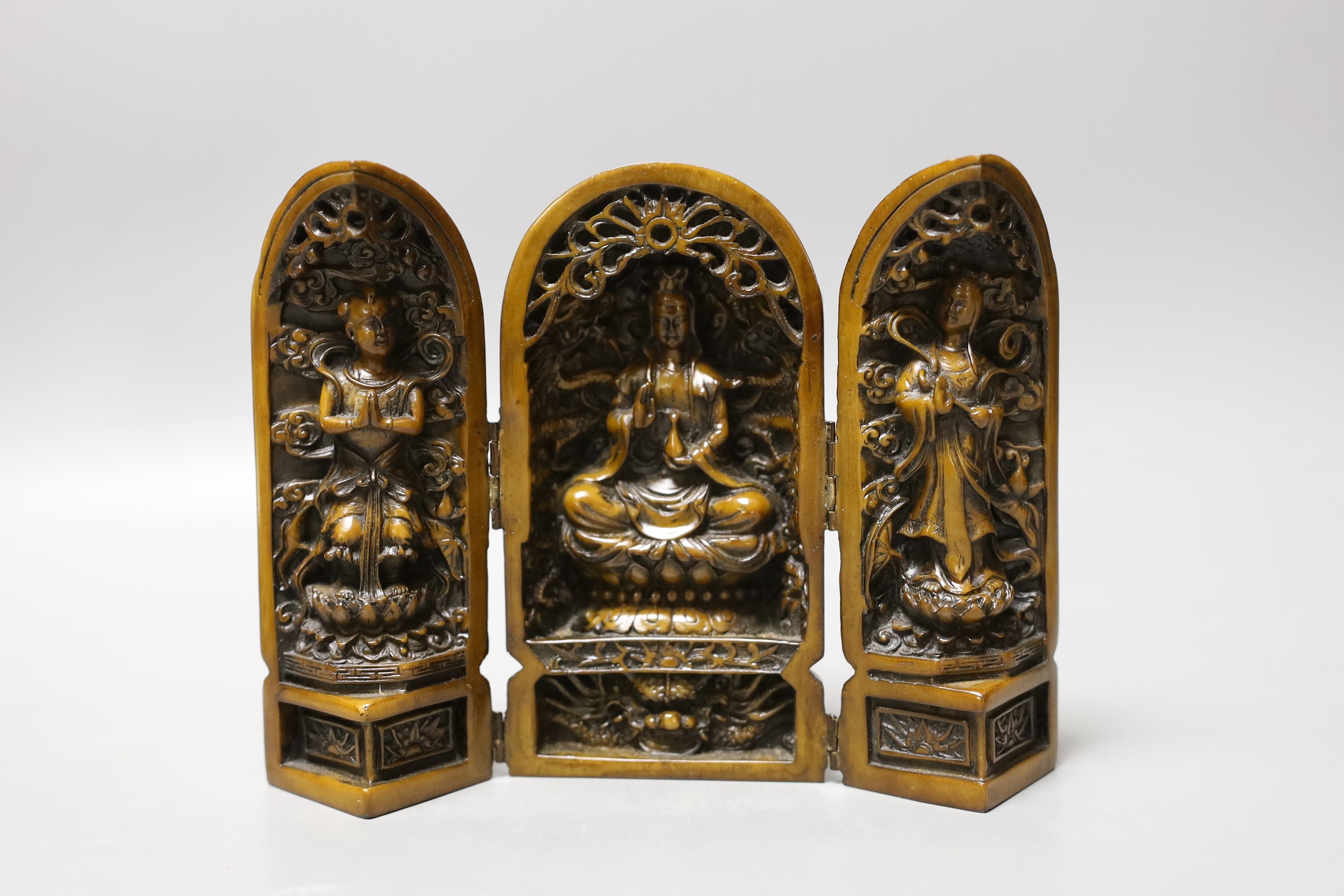 A group of Chinese soapstone carvings, a composition portable shrine and a Buddha figure (7)